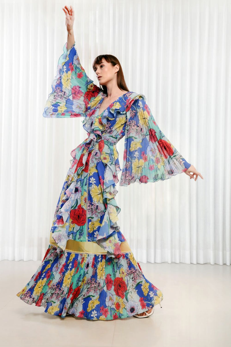 Blue hibiscus ruffle maxi dress
