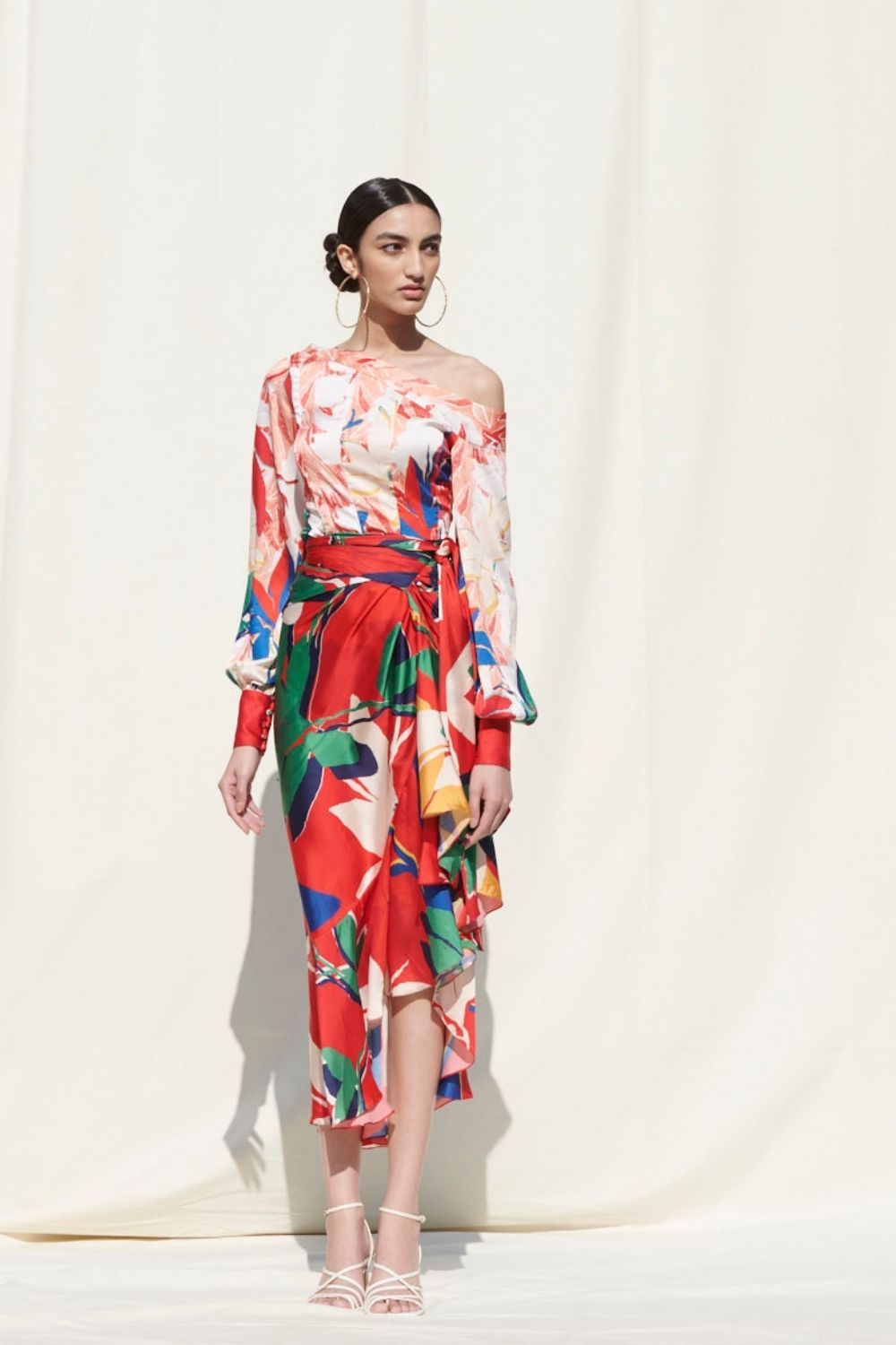 Printed Crepe Satin Panelled Top With A Wrap Around Skirt
