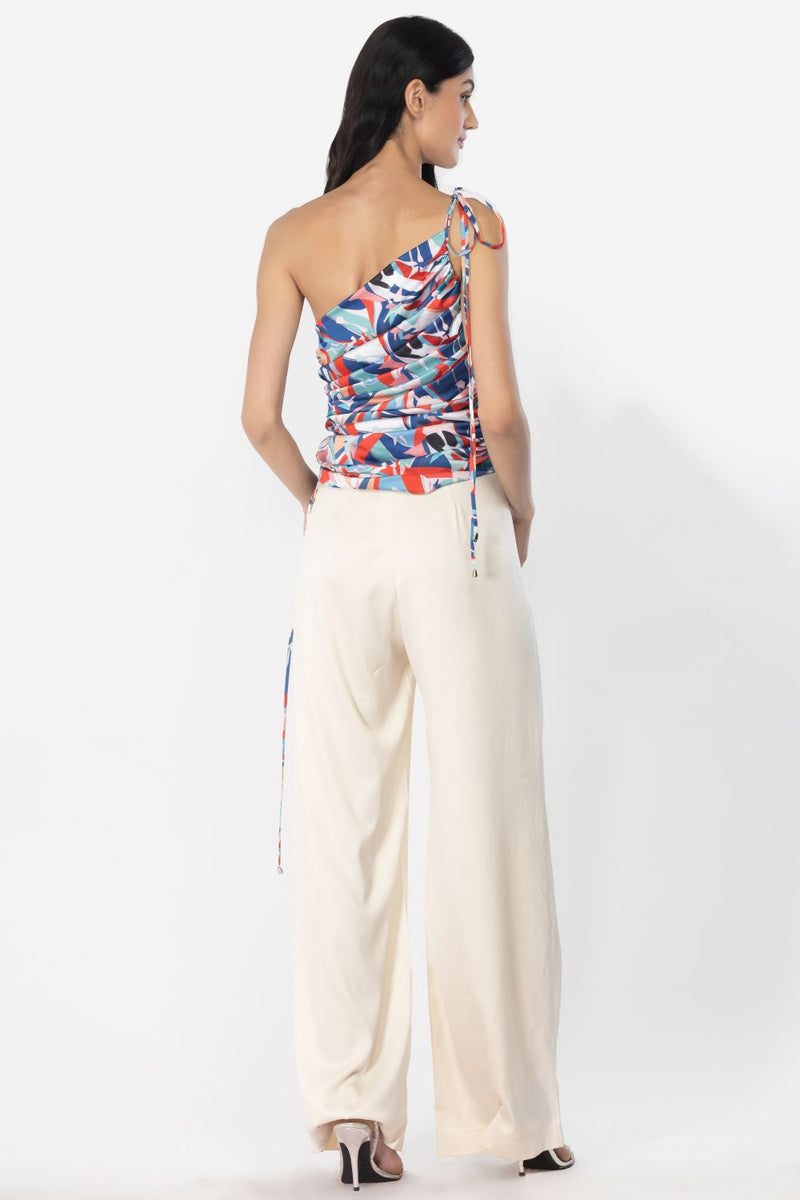Satin Off Shoulder Rooshed Top With Pants