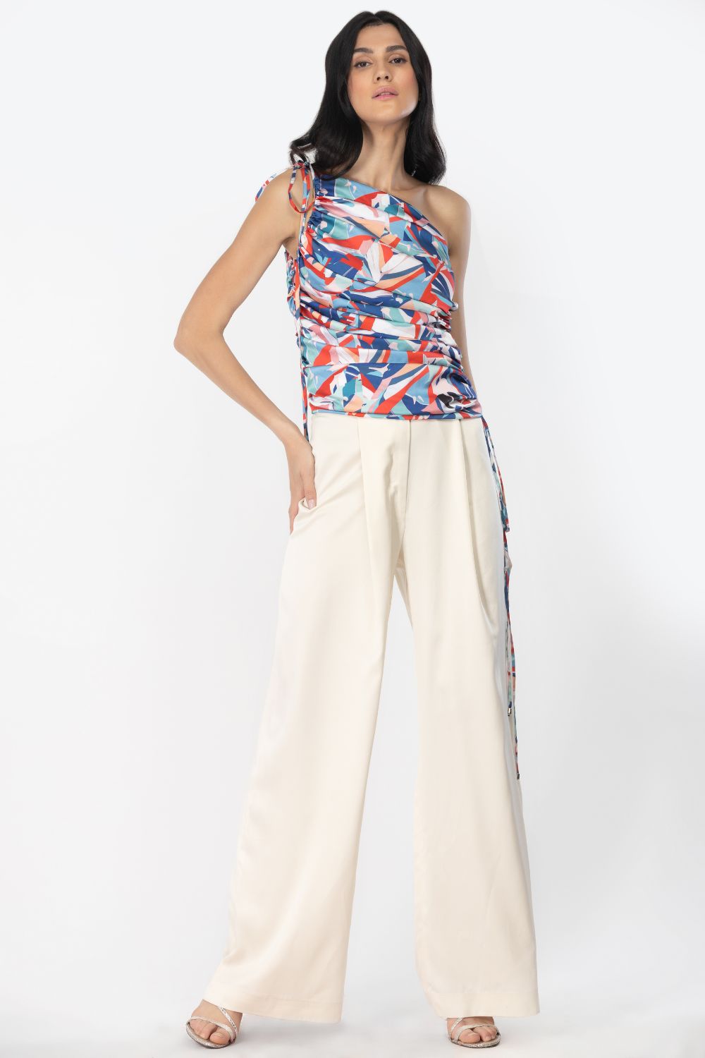 Satin Printed Off Shoulder Rooshed Top With Dust Satin Pants