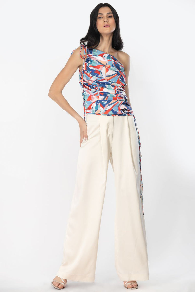 Satin Off Shoulder Rooshed Top With Pants