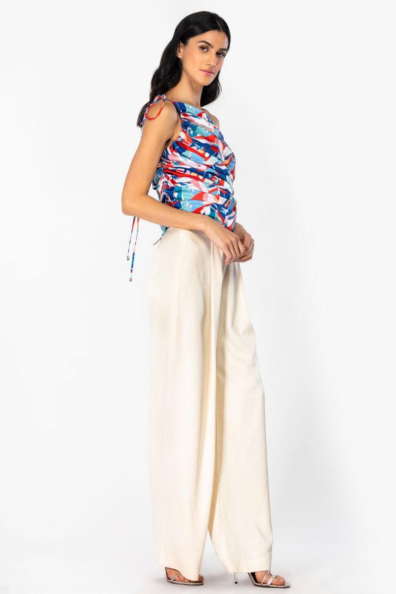 Satin Off Shoulder Rooshed Top With Pants