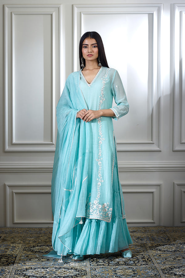 Aqua embroidered kurta with sharara