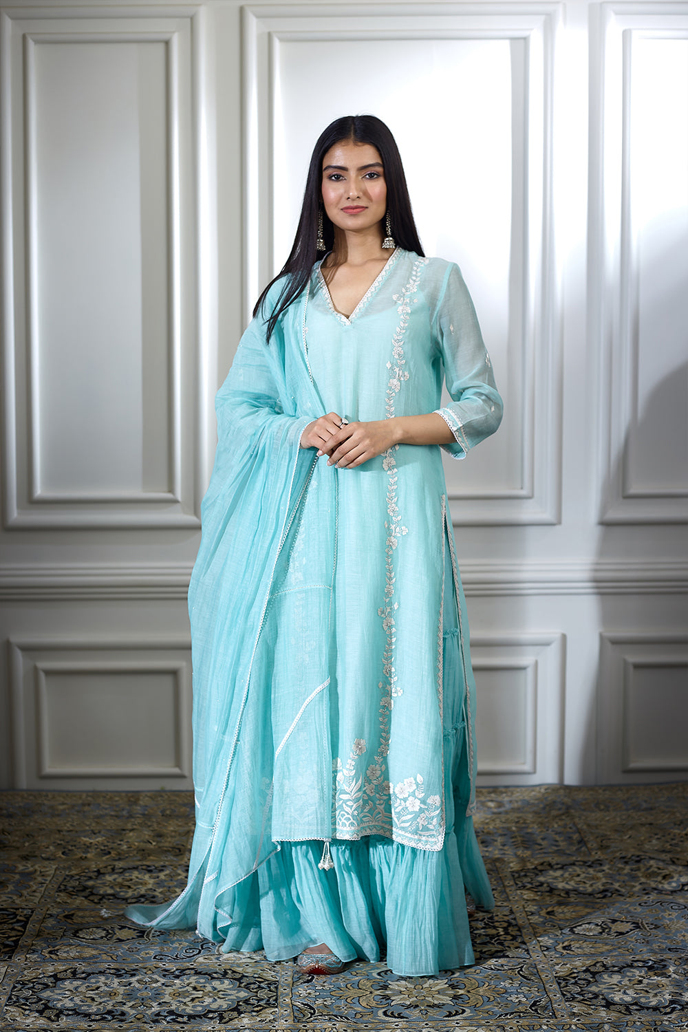 Aqua embroidered kurta with tiered sharara and lace detailing