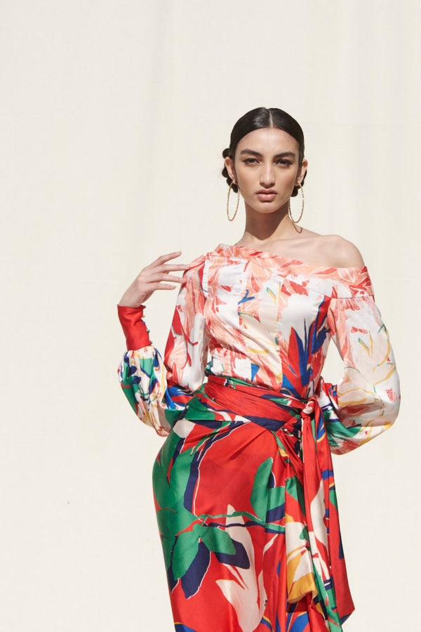 Printed Crepe Satin Top With Wrap Skirt