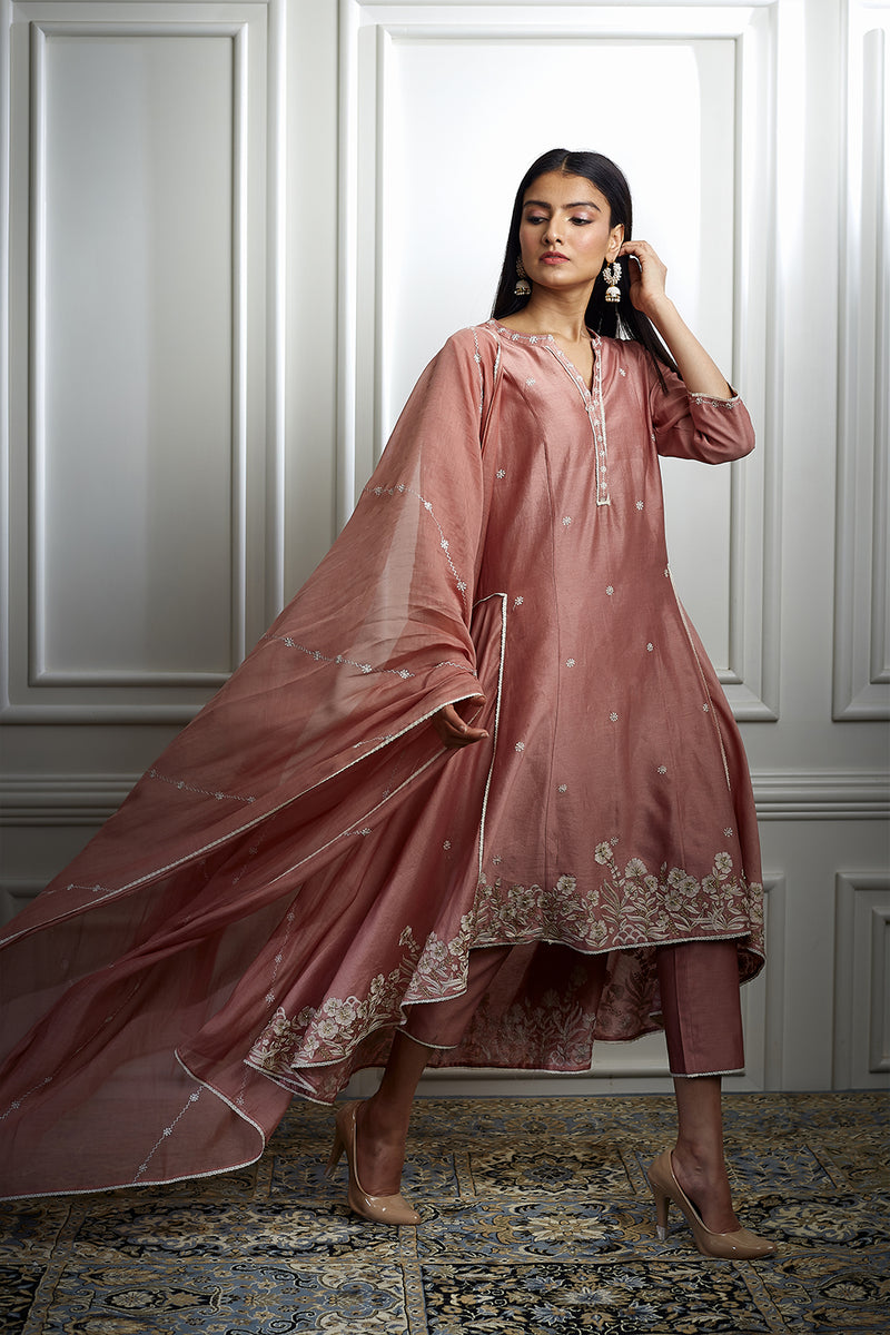 Dusty Pink Embroidered High Low Kurta Set