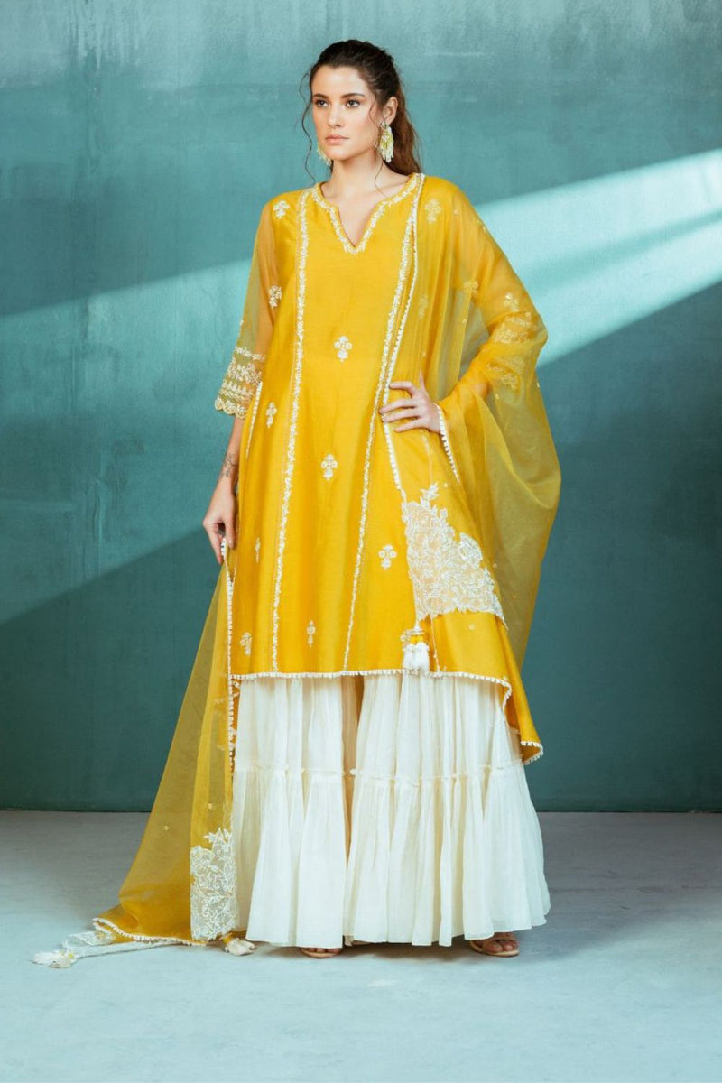 Mustard Chanderi Godet Kurta Sharara Set