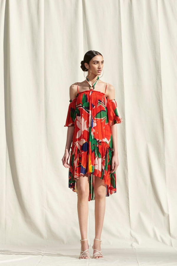 Red Printed Halter Dress