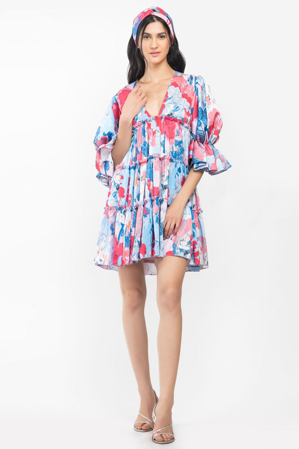 Satin Printed Short Tiered Dress