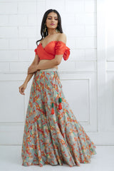 Orange Off Shoulder Printed Lehenga