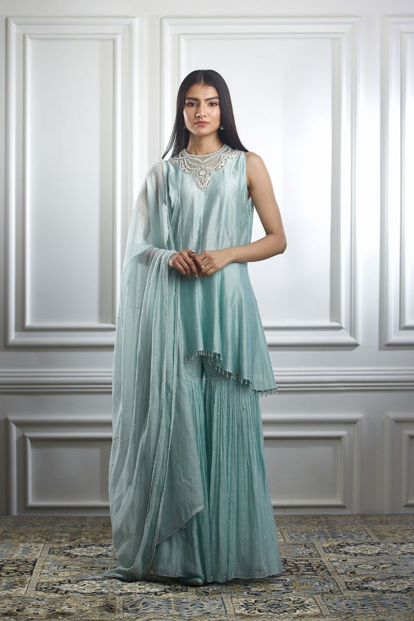 Soft aqua high low kurta Set