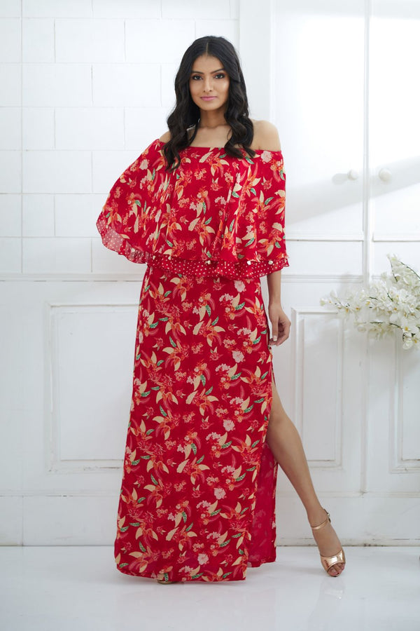 Red Printed Cape Dress With Side Slit