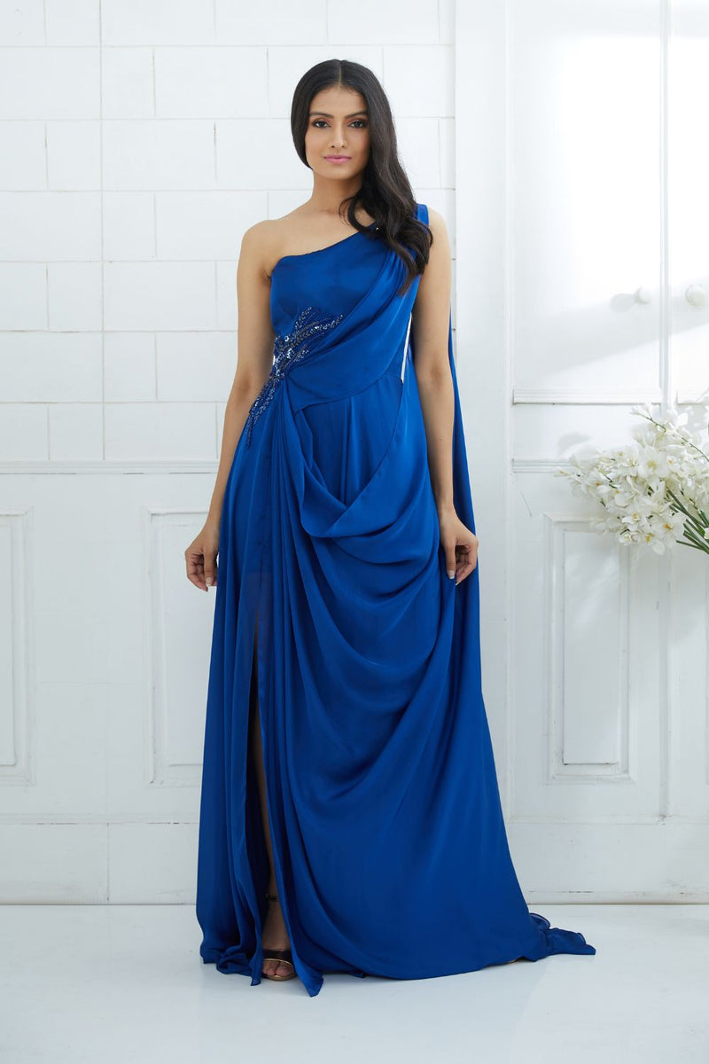Blue Drape Embellished Gown