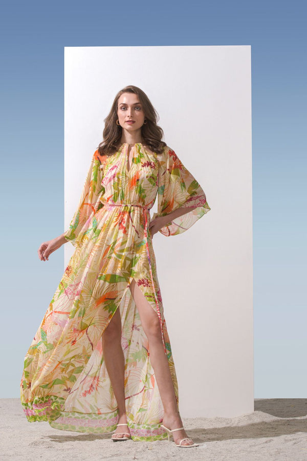 Georgette lurex multi green printed dress