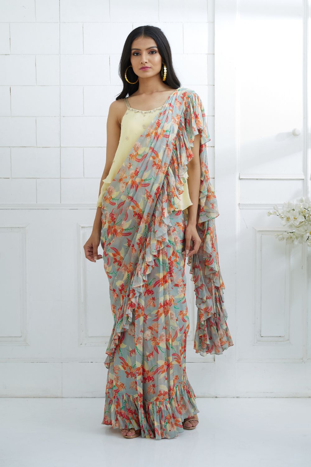 P. Yellow Strapy Embroidered Blouse With Grey Ruffle Saree