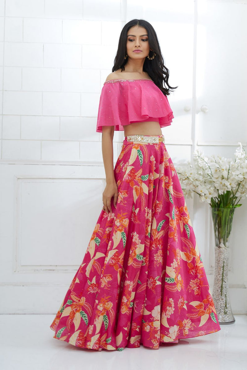 Off-shoulder Embroidered Lehenga Set