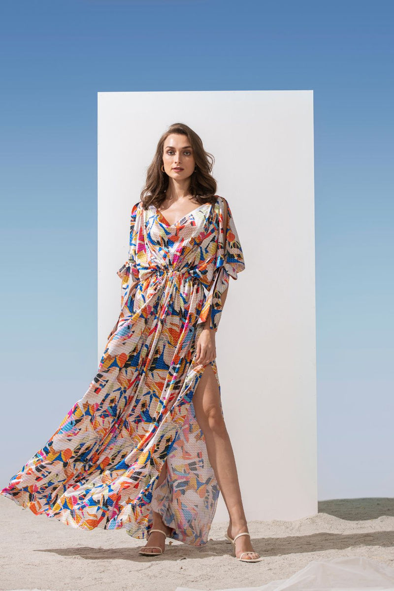 Satin geometric kaftan dress