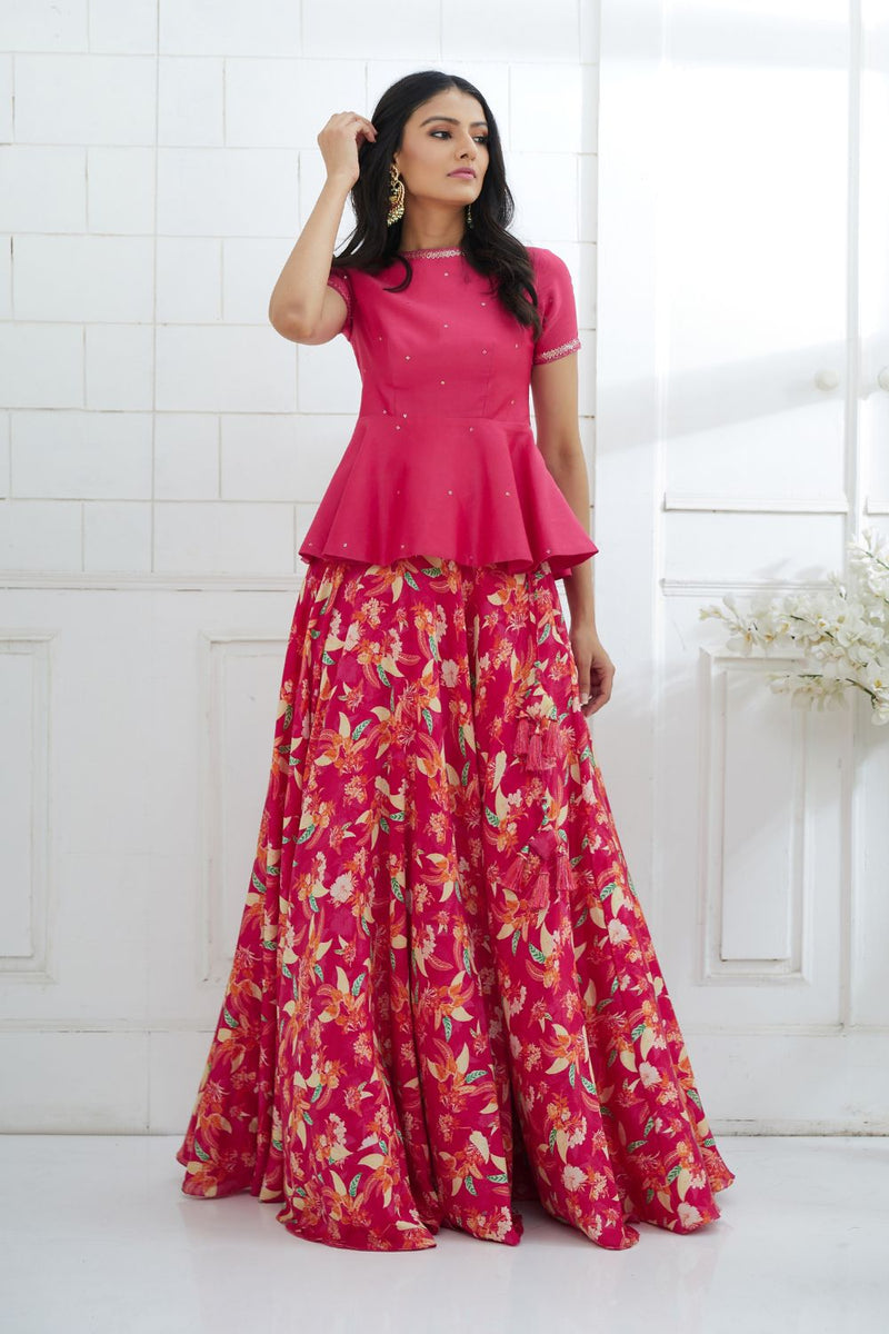 Fuchsia Embroidered Peplum With Printed Lehenga