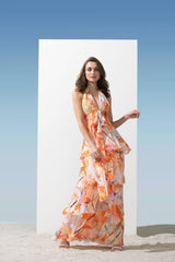 Chiffon orange printed halter tiered dress