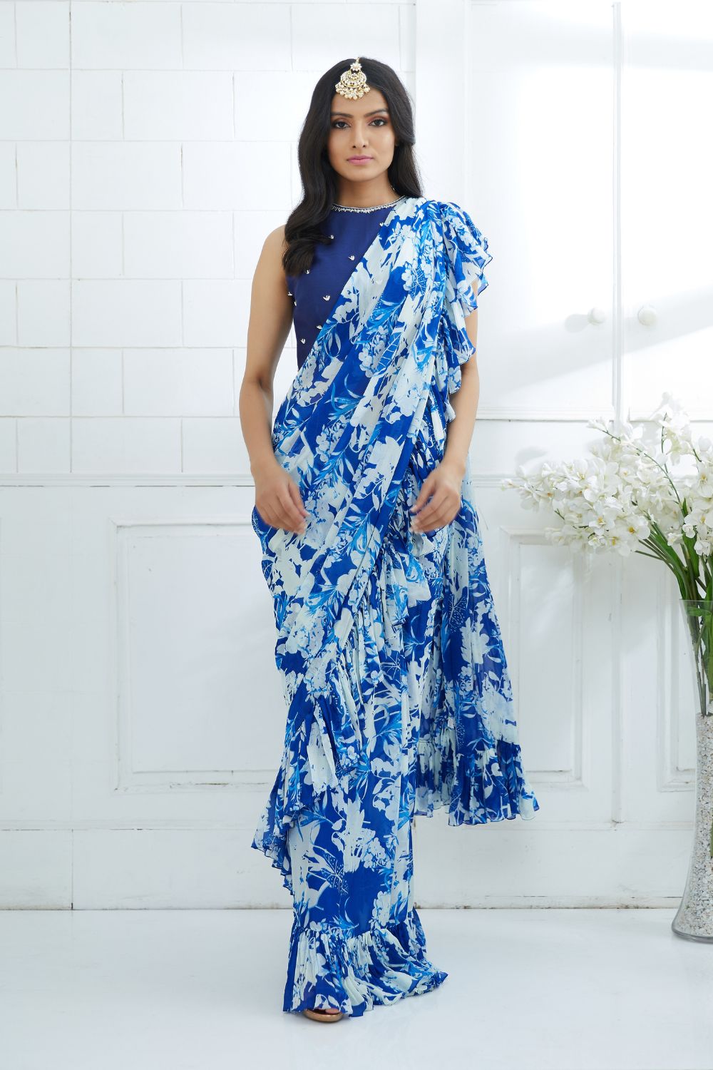 Royal Blue Embroidered Blouse With Printed Ruffle Saree