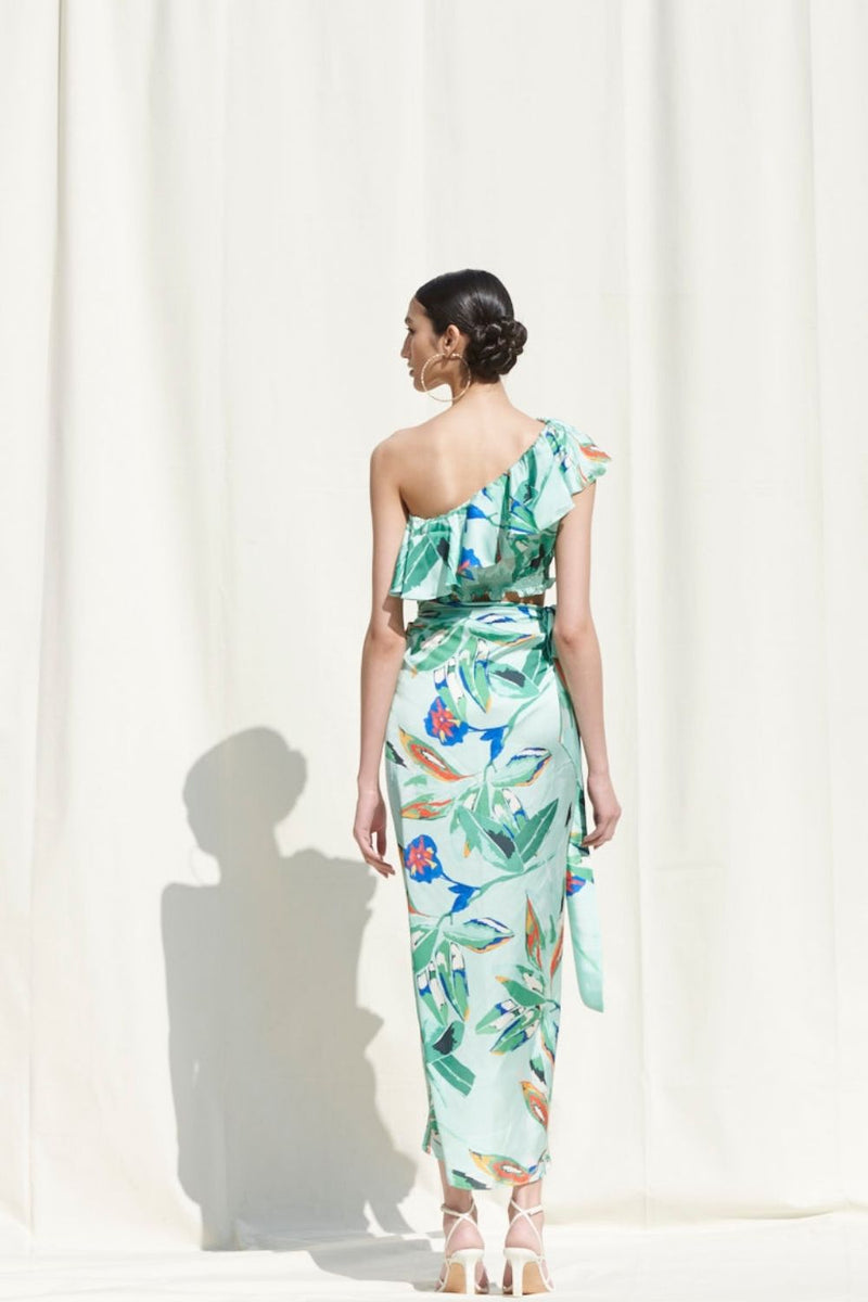 Crop Top Paired With A Printed Wrap Around Skirt