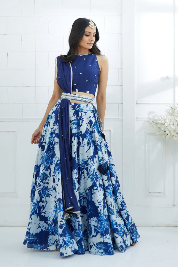 Blue Embroidered Printed Lehenga Set