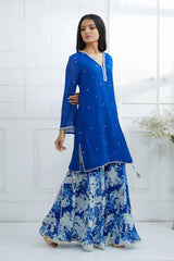 Royal Blue Kurta With Printed Sharara