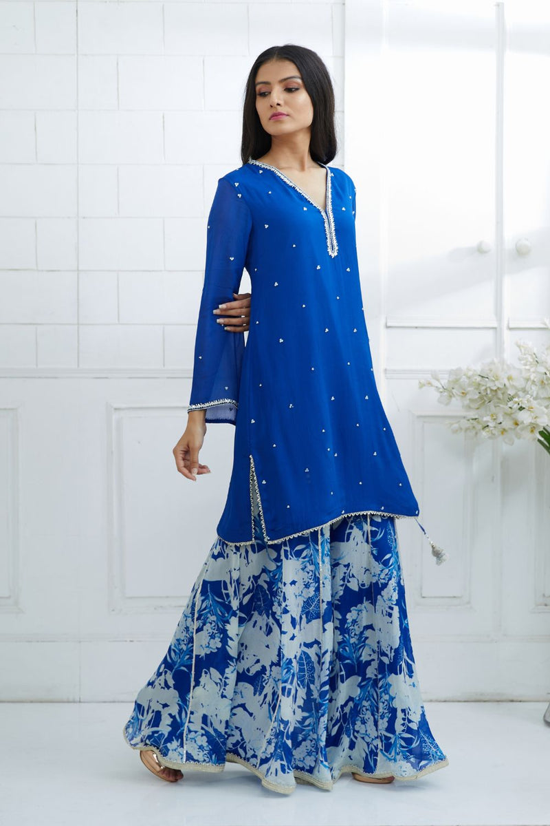 Royal Blue Kurta With Printed Sharara