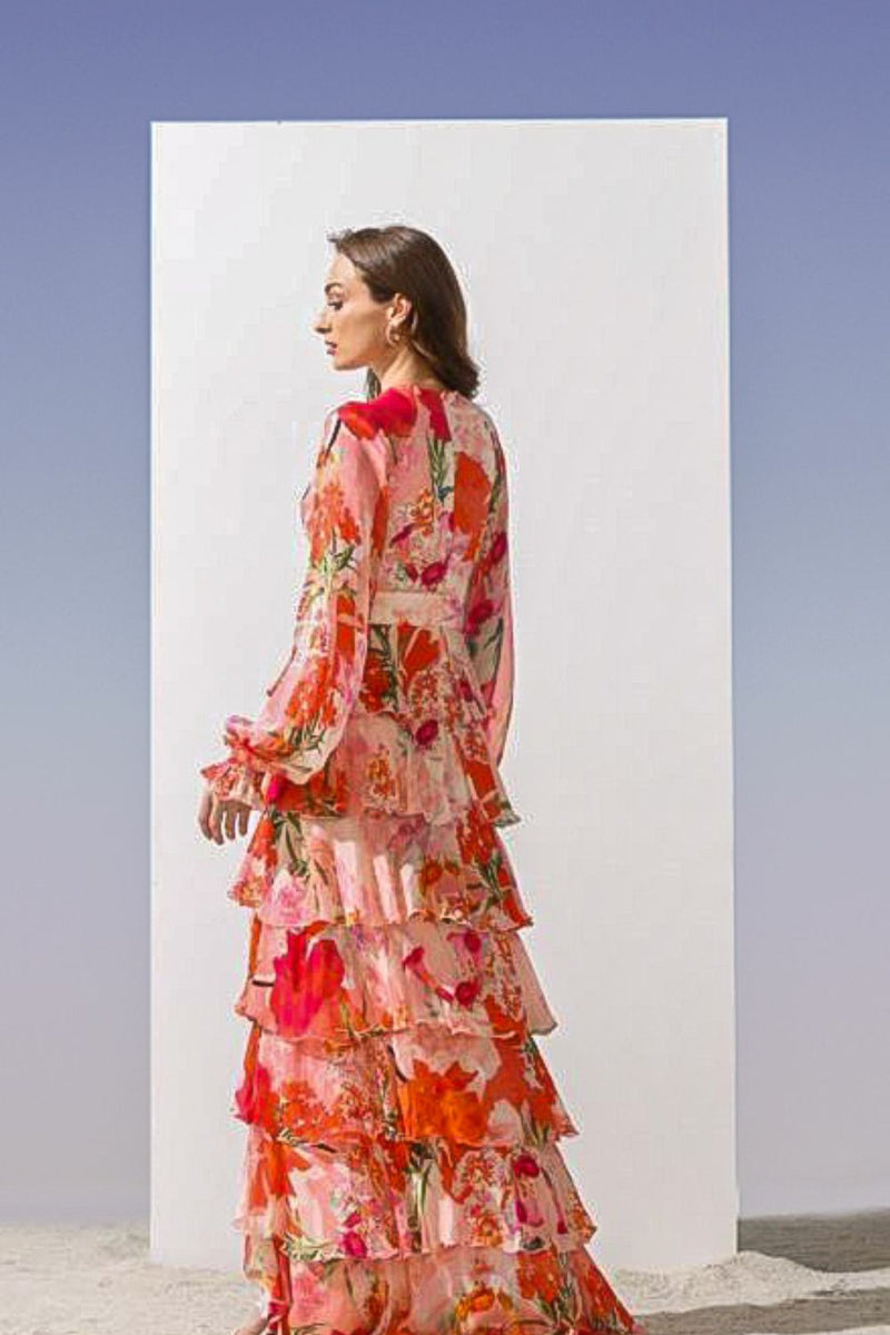 Chiffon coral printed tiered dress