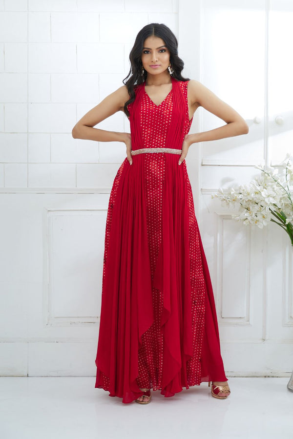 Red Printed Dress With Side Drape