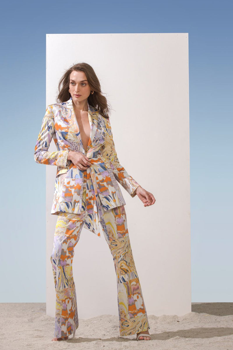 Satin yellow printed jacket set