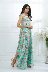 Aqua Printed Embellished Jumpsuit