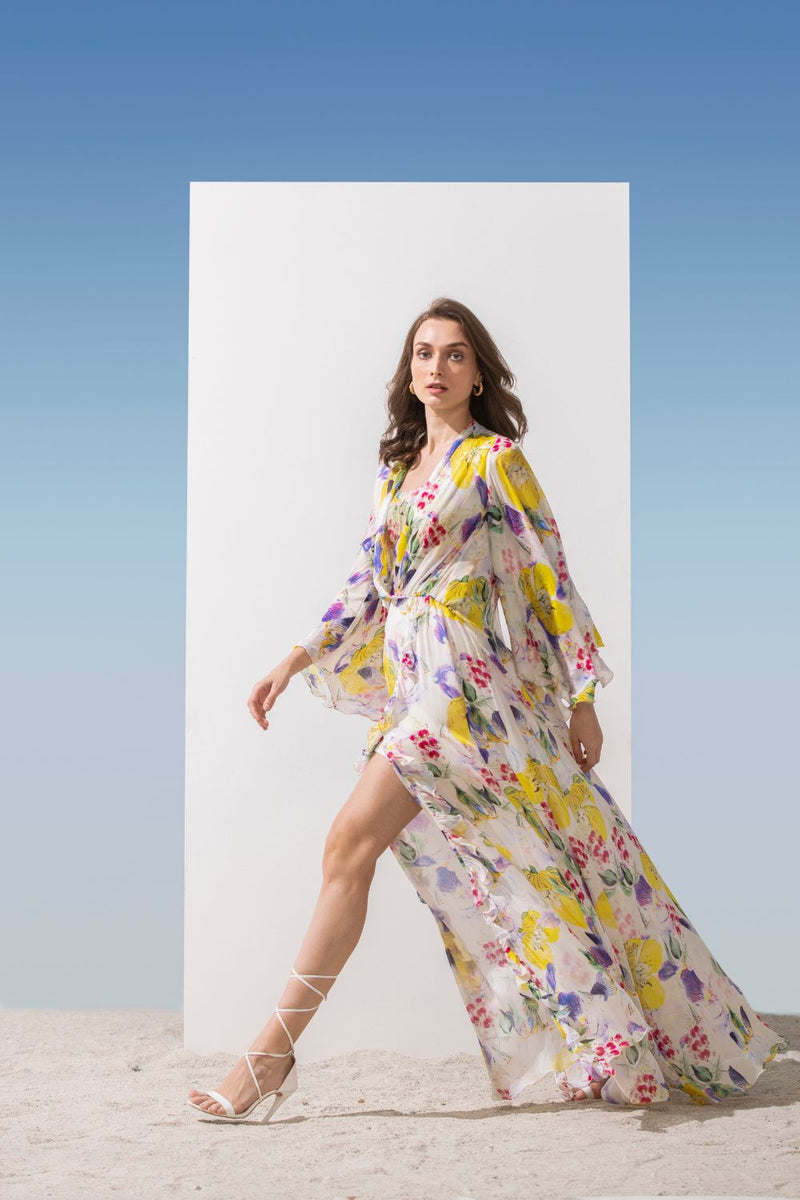 Chiffon yellow printed long dress