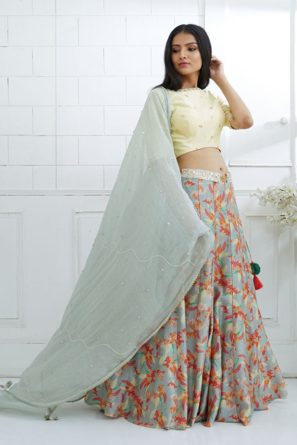 Pale Yellow Embroidered Blouse With Printed Lehenga And Embroidered Dupatta