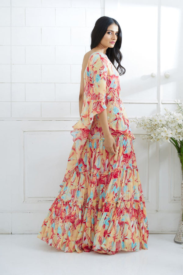 One Shoulder Printed Top With Lehenga