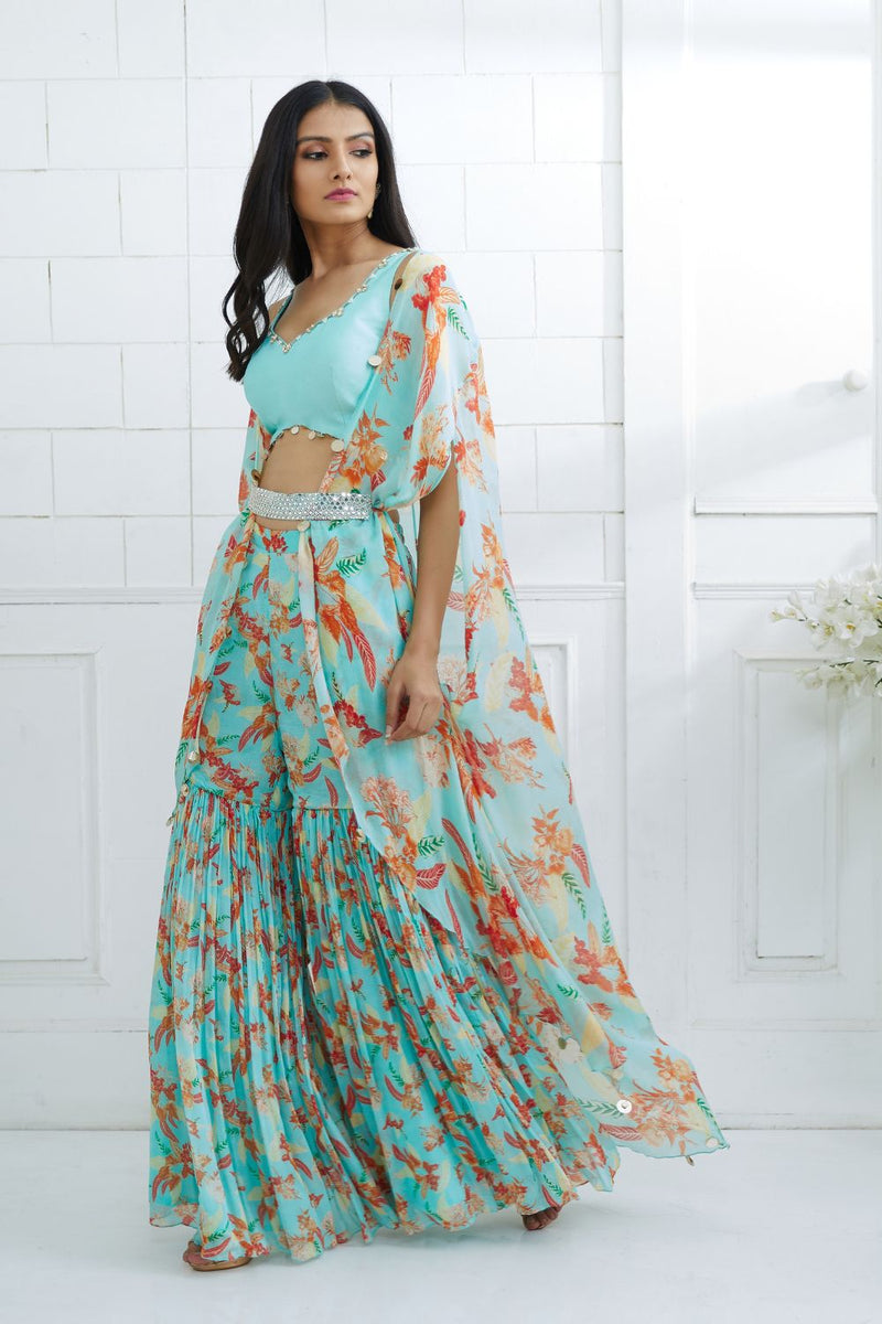 Aqua Embroidered  Printed Sharara Set
