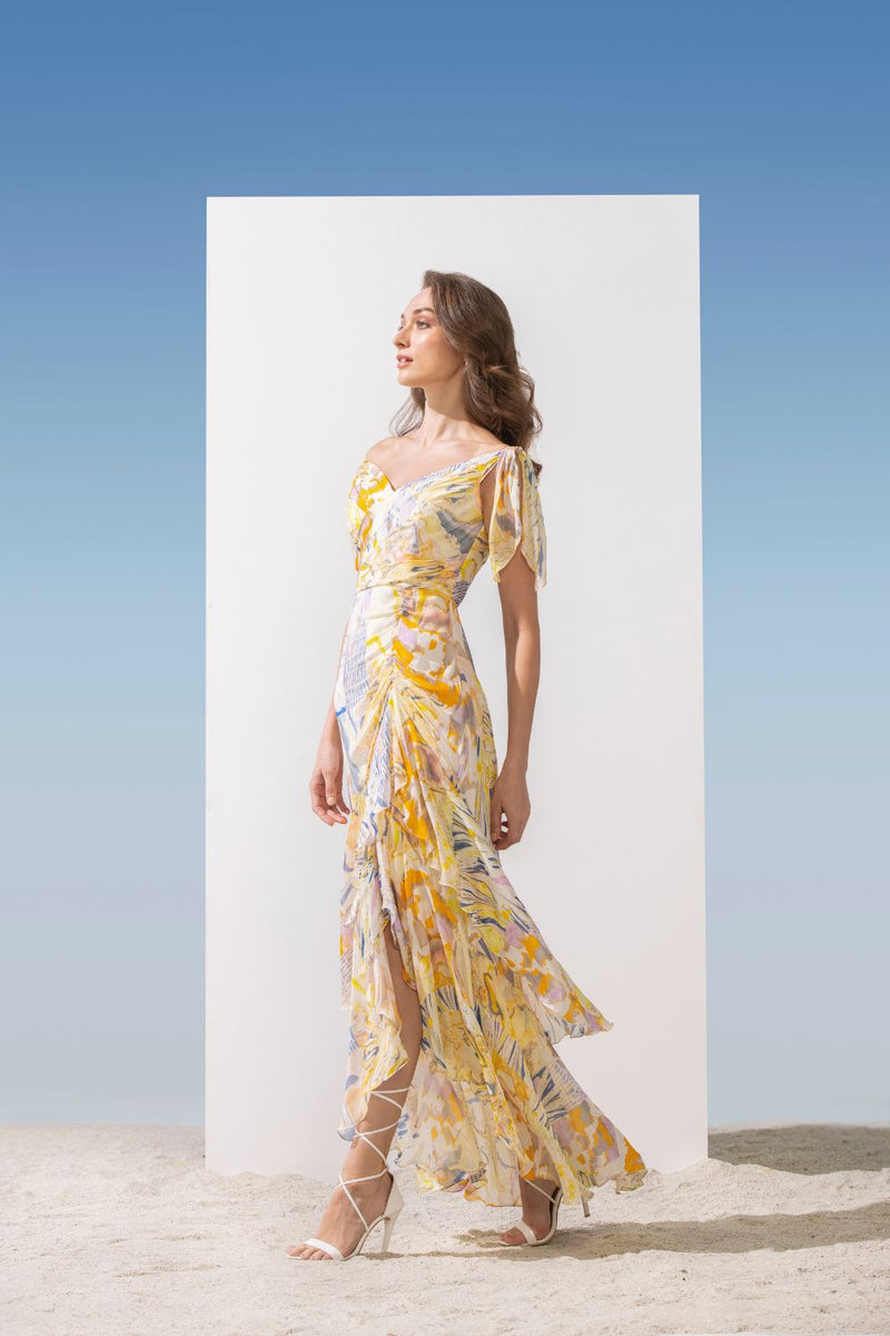 Chiffon Yellow Mutli Printed Tie Shoulder Dress