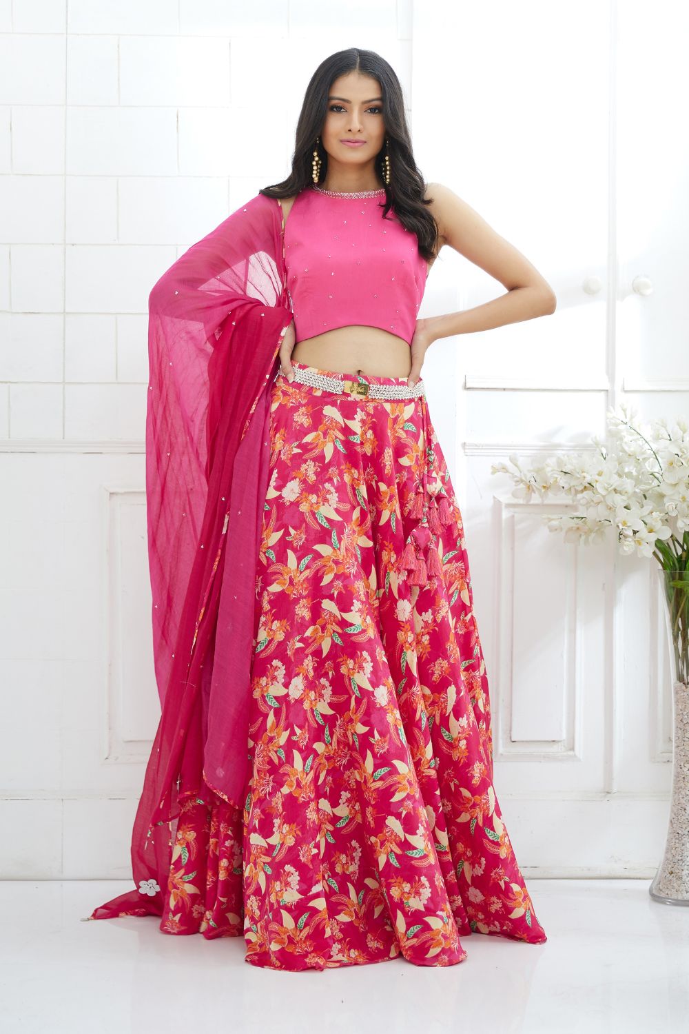 Fuchsia  Embroidered Blouse With Printed Lehenga And Ombre Dupatta