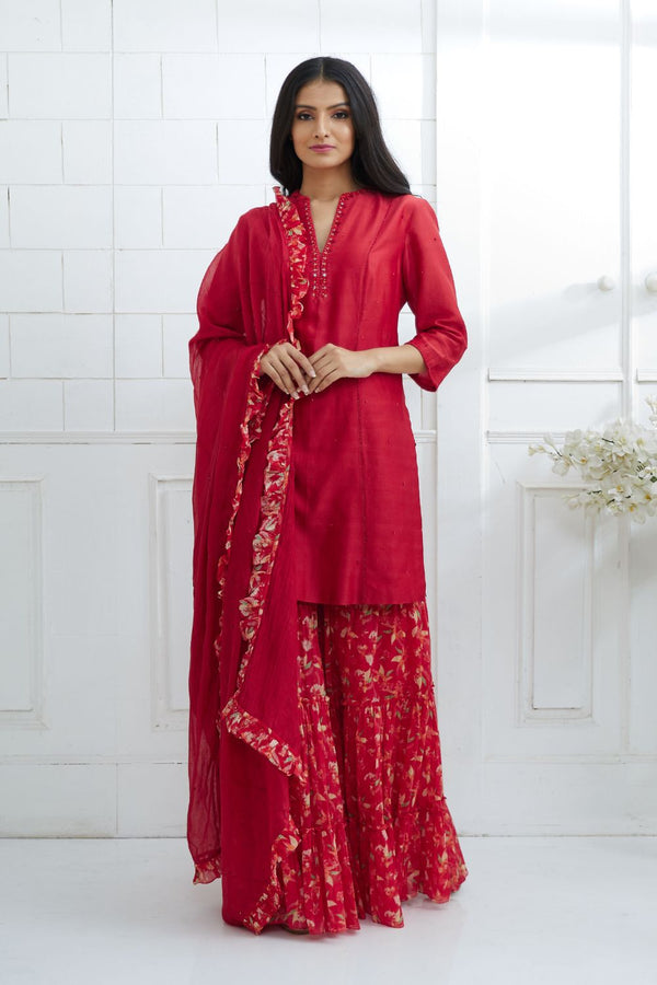 Red Embroidered Kurta And Sharara Set