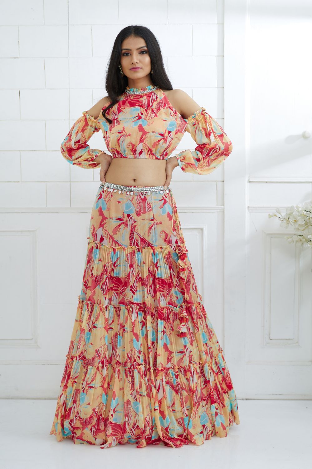 Multicolor Embroidered Top With Tiered Lehenga