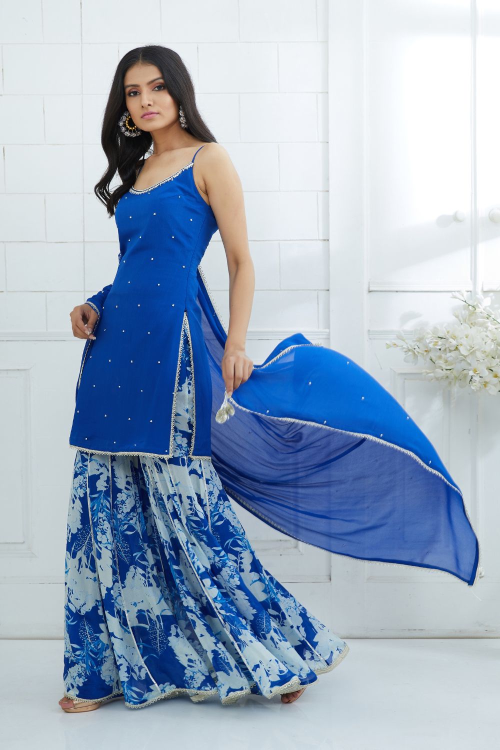 Royal Blue Strapy Embroidered Kurta With Printed Sharara And  Embroidered Dupatta