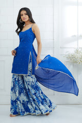 Royal Blue Embroidered Kurta and Sharara Set