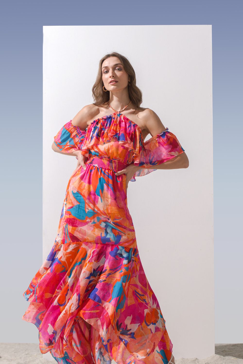 Chiffon Pink Multi Printed Asymmetric Dress
