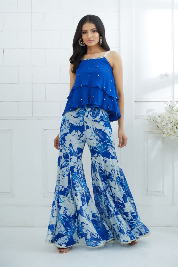 Royal Blue Embroidered Printed Sharara Set