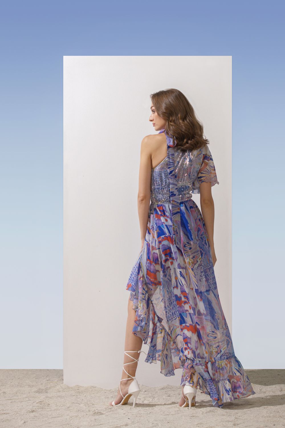 Chiffon blue printed asymmetric fall dress