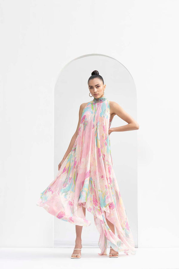 Gold foil tropical printed high-low dress