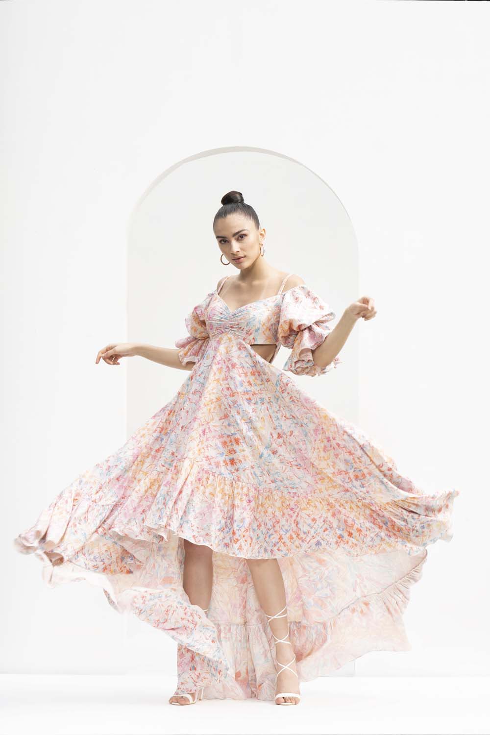 Leaf Magic lurex jacquard printed high-low dress with side cutouts.