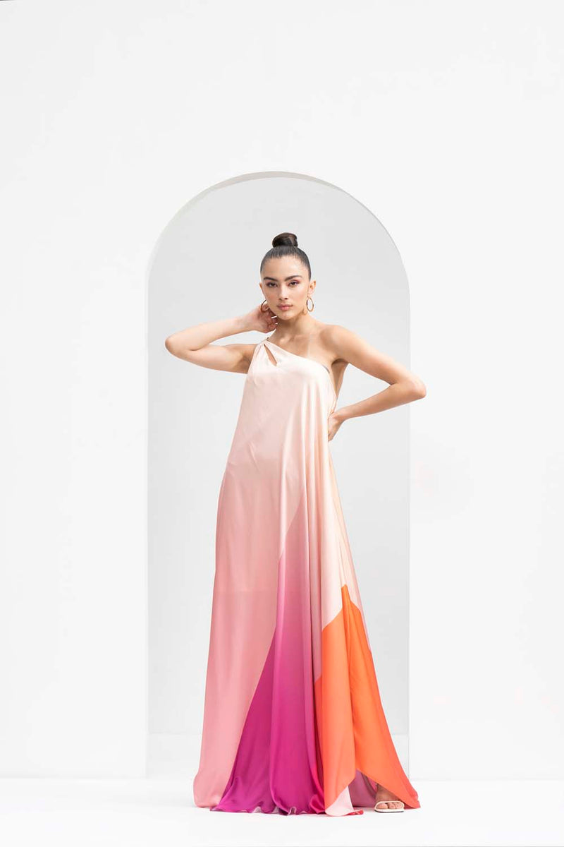 Ombre printed one-shoulder kaftan