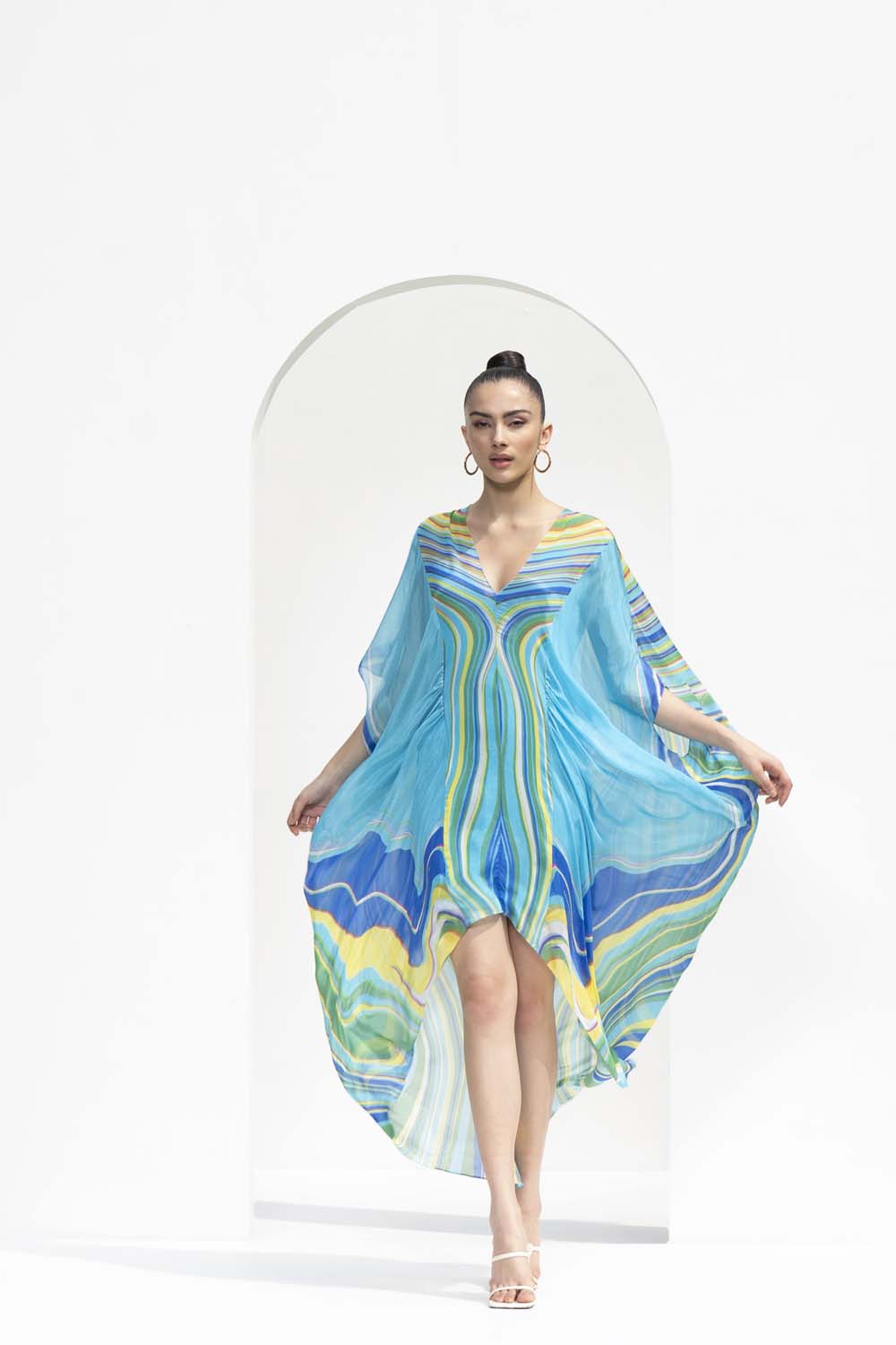 Blue marble placement printed chiffon kaftan designed with a high low hem.