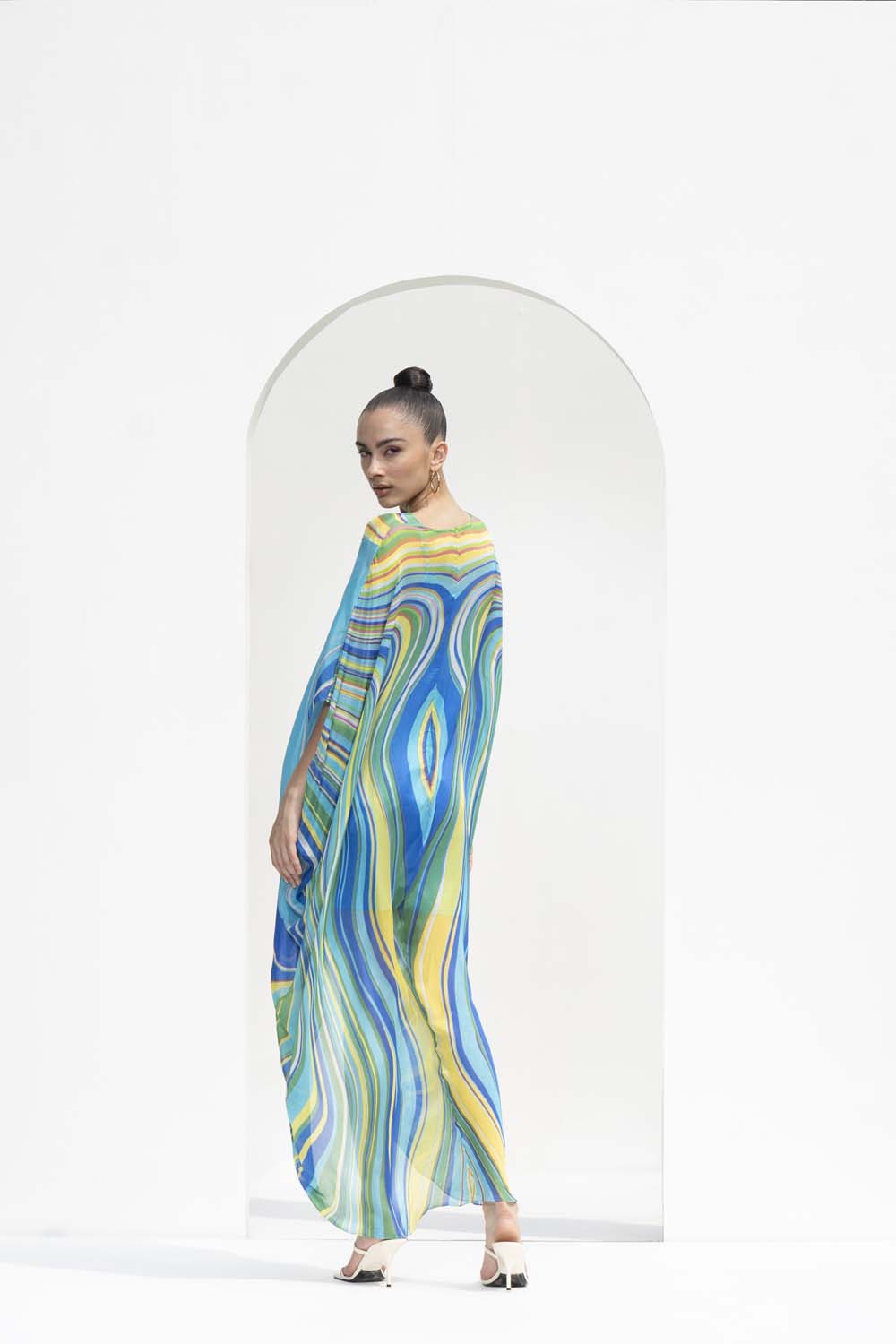 Blue marble placement printed chiffon kaftan designed with a high low hem.